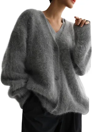 Arssm Womens Furry Cardigan Sweater Long Sleeve Cardigans Button Down V Neck Fluffy Knit Top Fashion 2025 Knitwear