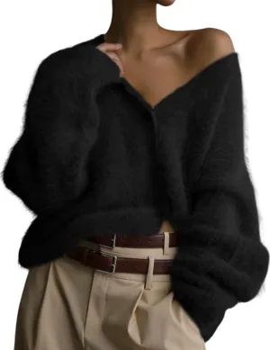 Arssm Womens Furry Cardigan Sweater Long Sleeve Cardigans Button Down V Neck Fluffy Knit Top Fashion 2025 Knitwear