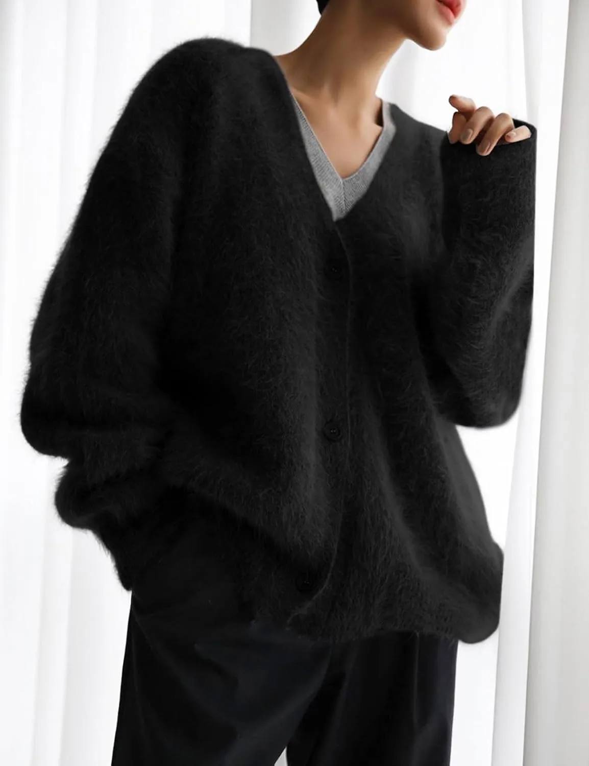 Arssm Womens Furry Cardigan Sweater Long Sleeve Cardigans Button Down V Neck Fluffy Knit Top Fashion 2025 Knitwear