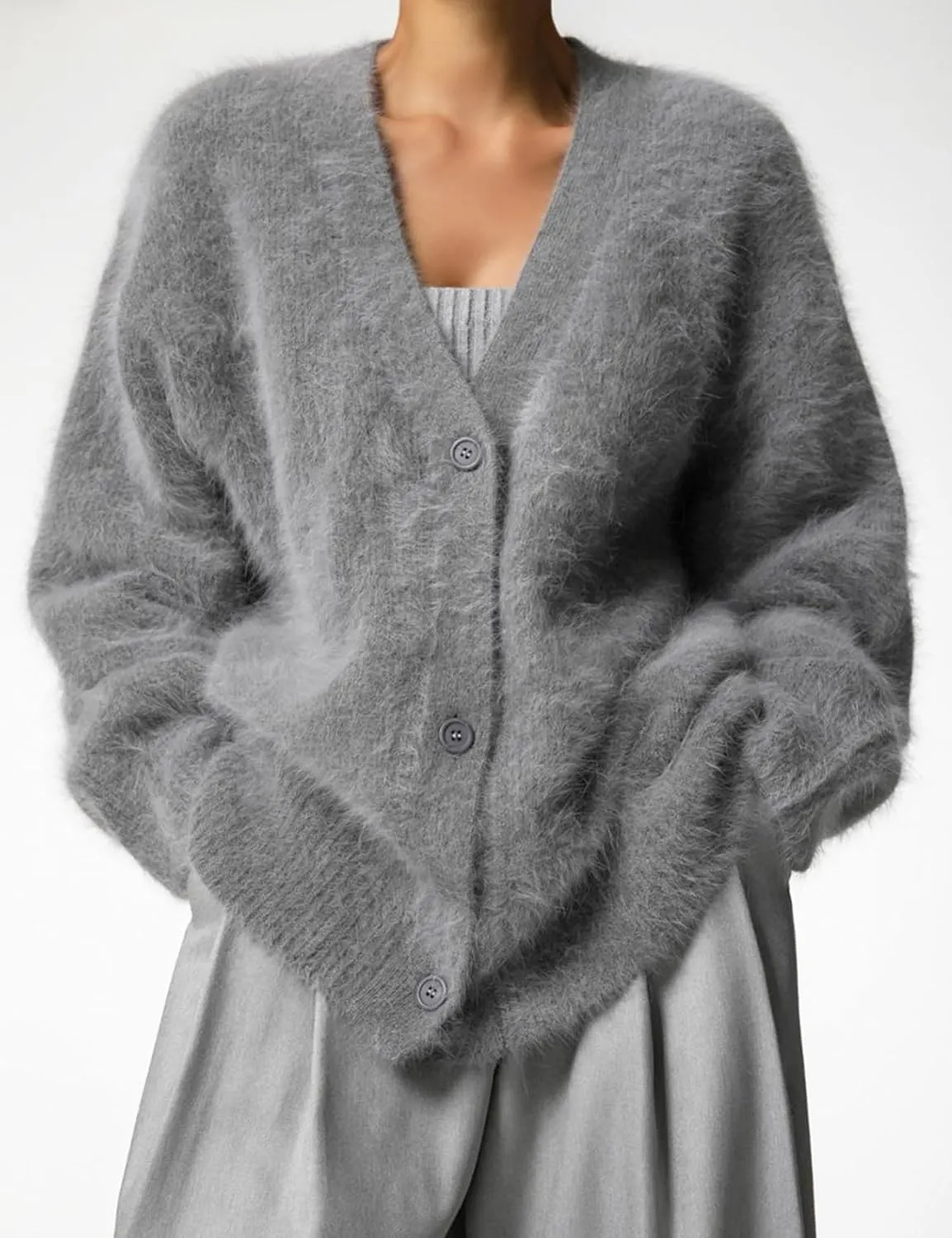 Arssm Womens Furry Cardigan Sweater Long Sleeve Cardigans Button Down V Neck Fluffy Knit Top Fashion 2025 Knitwear
