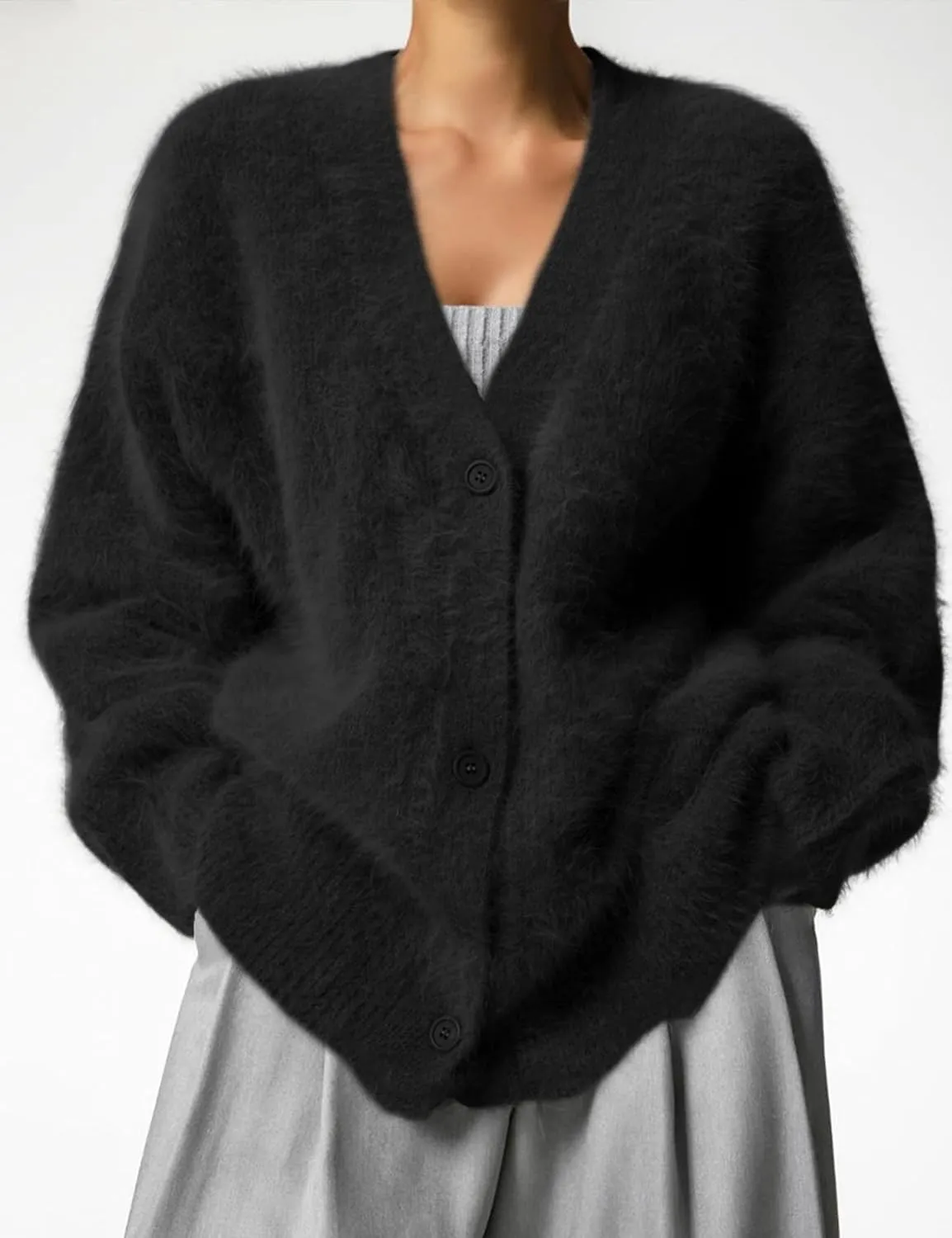 Arssm Womens Furry Cardigan Sweater Long Sleeve Cardigans Button Down V Neck Fluffy Knit Top Fashion 2025 Knitwear