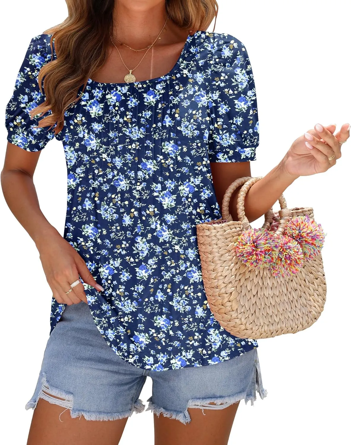 AUSELILY Womens Summer T Shirts Dressy Puff Short Sleeve Tunic Tops Pleated Square Neck Summer Top 2025 Trendy