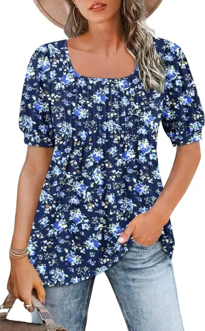 AUSELILY Womens Summer T Shirts Dressy Puff Short Sleeve Tunic Tops Pleated Square Neck Summer Top 2025 Trendy