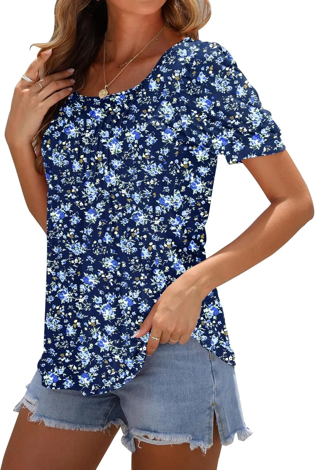 AUSELILY Womens Summer T Shirts Dressy Puff Short Sleeve Tunic Tops Pleated Square Neck Summer Top 2025 Trendy
