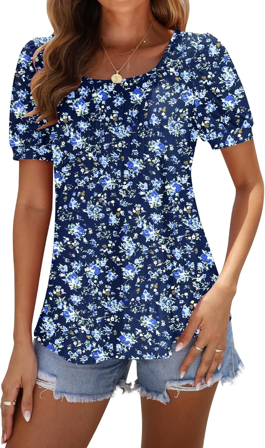 AUSELILY Womens Summer T Shirts Dressy Puff Short Sleeve Tunic Tops Pleated Square Neck Summer Top 2025 Trendy