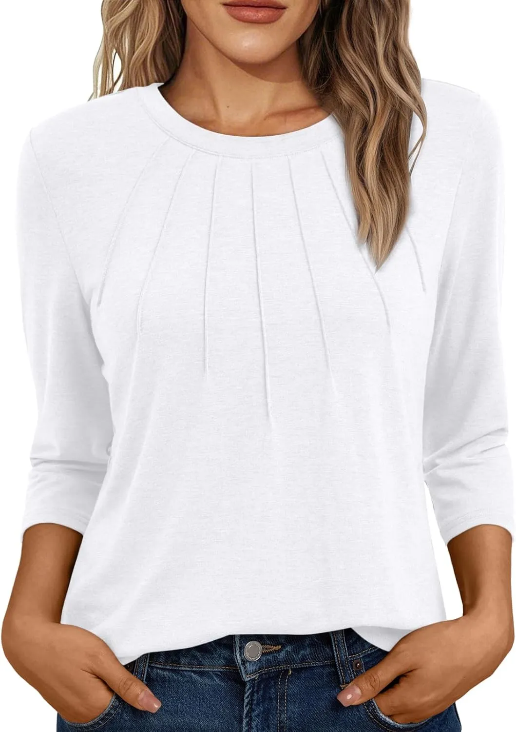 AUTOMET Womens 3/4 Length Sleeve Tops Round Neck Pleated Dressy Casual Basic Shirts Tunic