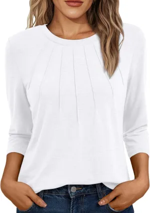 AUTOMET Womens 3/4 Length Sleeve Tops Round Neck Pleated Dressy Casual Basic Shirts Tunic