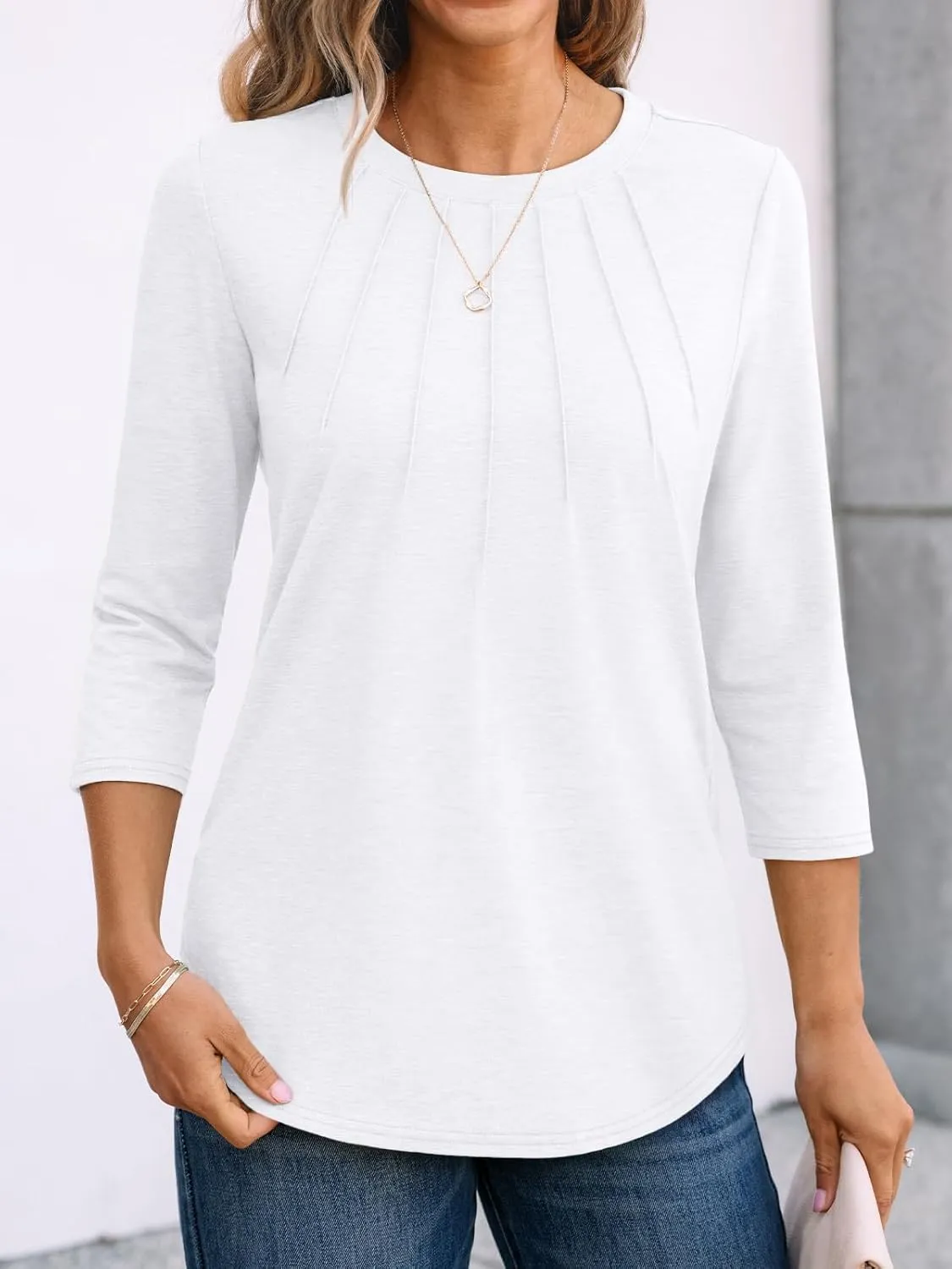AUTOMET Womens 3/4 Length Sleeve Tops Round Neck Pleated Dressy Casual Basic Shirts Tunic
