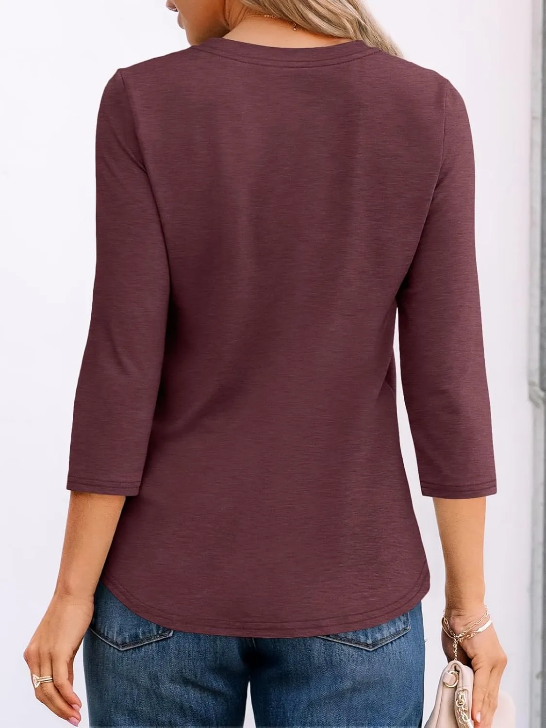 AUTOMET Womens 3/4 Length Sleeve Tops Round Neck Pleated Dressy Casual Basic Shirts Tunic