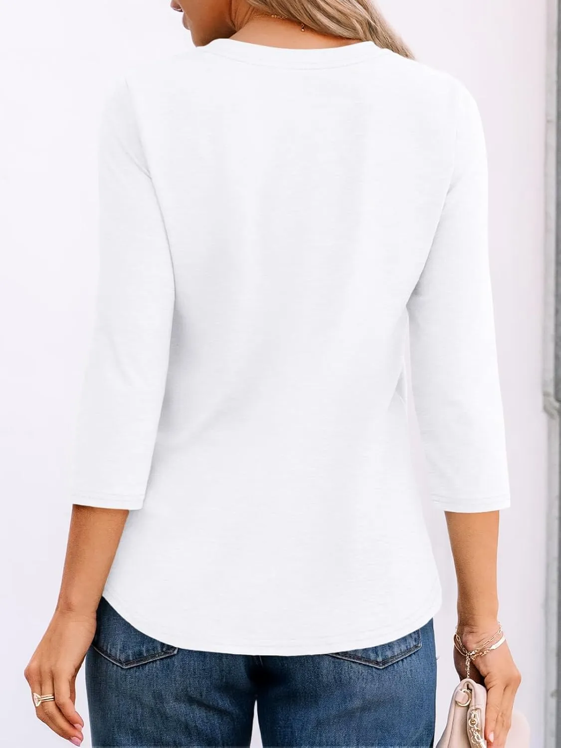 AUTOMET Womens 3/4 Length Sleeve Tops Round Neck Pleated Dressy Casual Basic Shirts Tunic