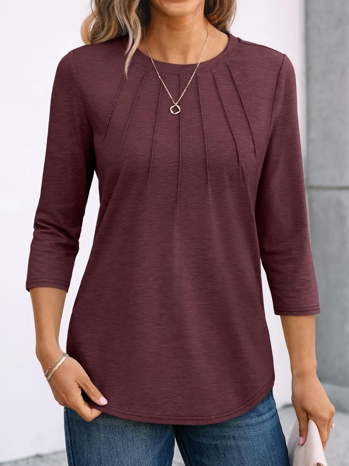 AUTOMET Womens 3/4 Length Sleeve Tops Round Neck Pleated Dressy Casual Basic Shirts Tunic