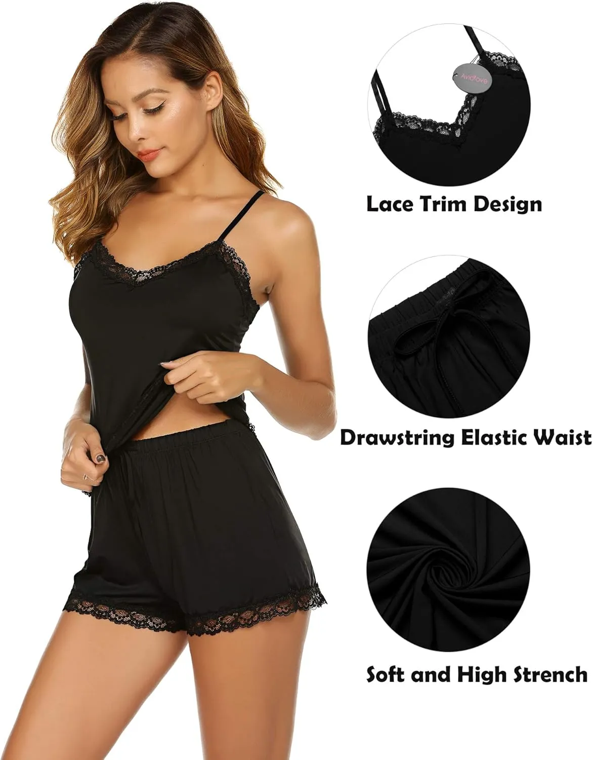 Avidlove Women Cami Pajama Set Modal Sleepwear Lace Trim Short PJ Set with Shorts