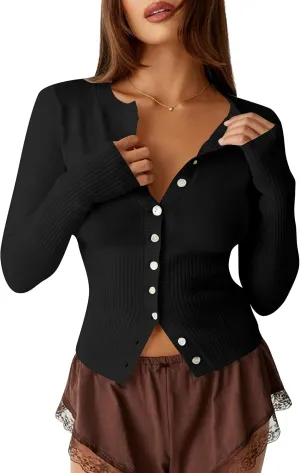 BAIGRAM Women Open Front Button Cropped Cardigan Fall Lightweight Soft Knit Sweaters Long Sleeve Fitted Casual Tops