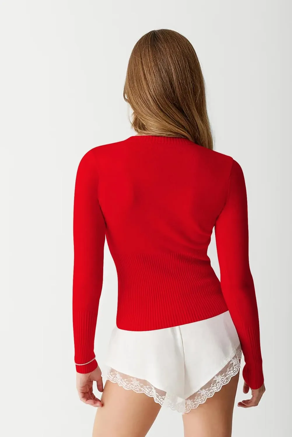 BAIGRAM Women Open Front Button Cropped Cardigan Fall Lightweight Soft Knit Sweaters Long Sleeve Fitted Casual Tops