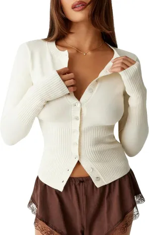 BAIGRAM Women Open Front Button Cropped Cardigan Fall Lightweight Soft Knit Sweaters Long Sleeve Fitted Casual Tops