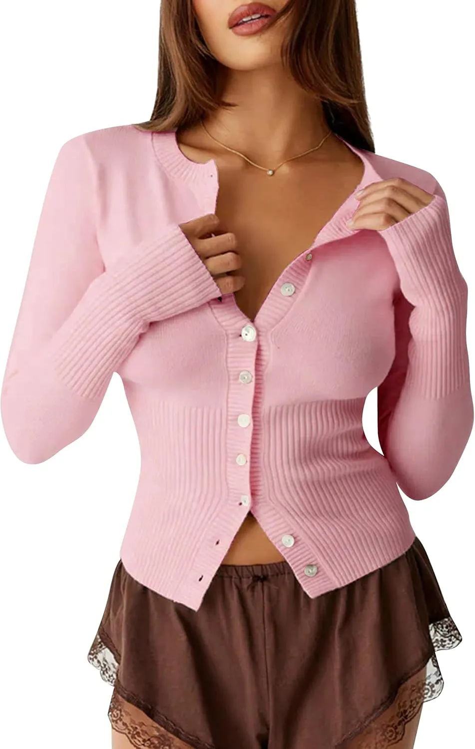 BAIGRAM Women Open Front Button Cropped Cardigan Fall Lightweight Soft Knit Sweaters Long Sleeve Fitted Casual Tops