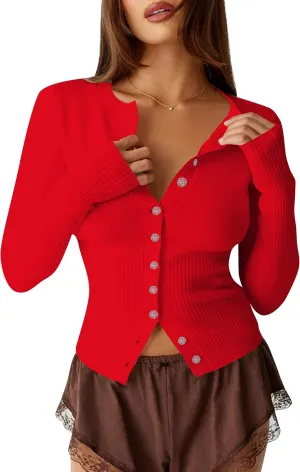 BAIGRAM Women Open Front Button Cropped Cardigan Fall Lightweight Soft Knit Sweaters Long Sleeve Fitted Casual Tops