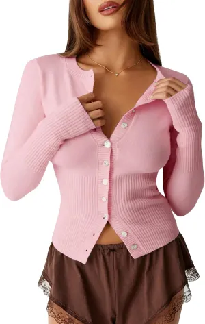 BAIGRAM Women Open Front Button Cropped Cardigan Fall Lightweight Soft Knit Sweaters Long Sleeve Fitted Casual Tops