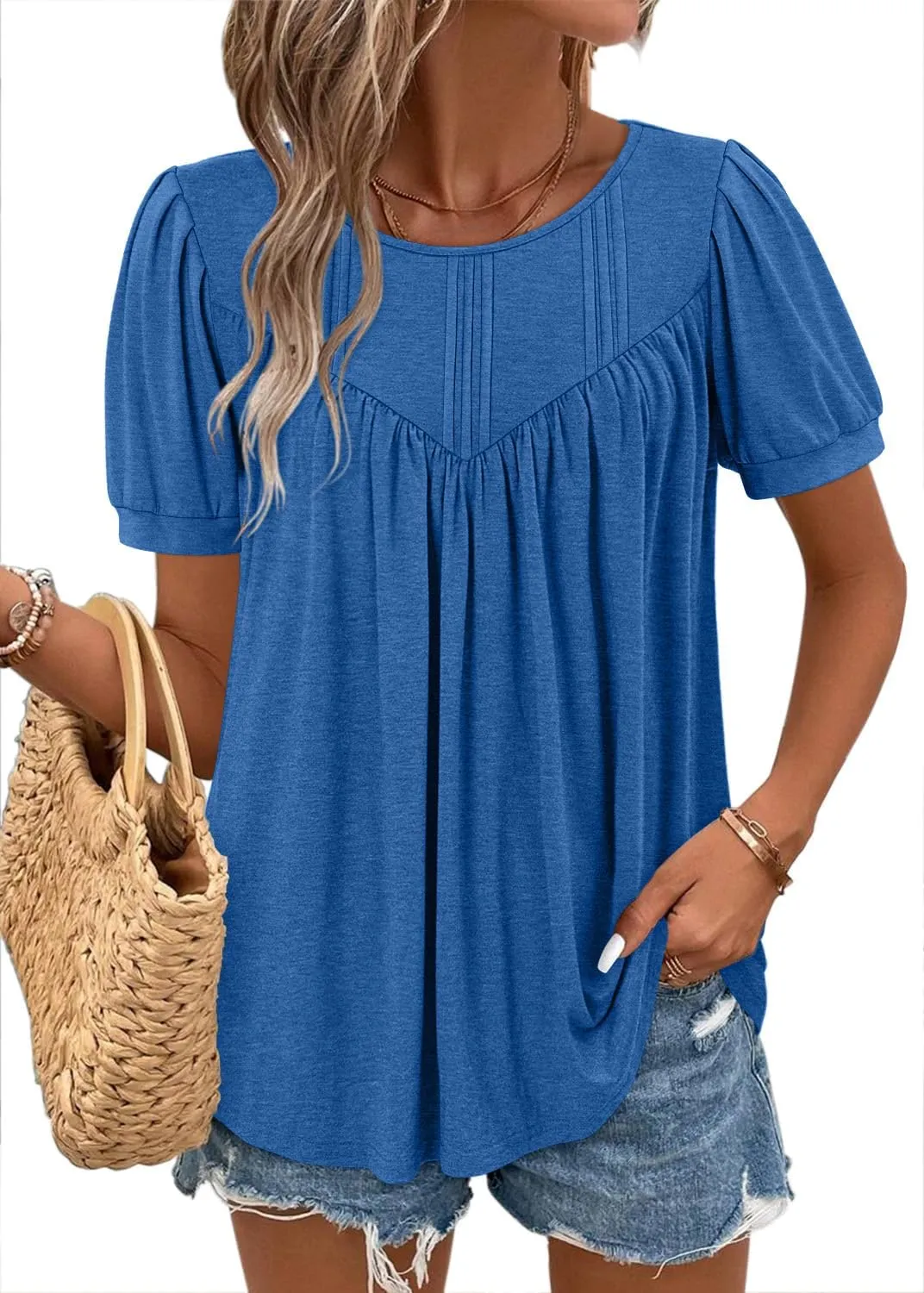 BETTE BOUTIK Womens Crewneck Short Sleeve Summer Tops Pleated Tunic Shirts S-3XL