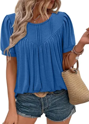 BETTE BOUTIK Womens Crewneck Short Sleeve Summer Tops Pleated Tunic Shirts S-3XL