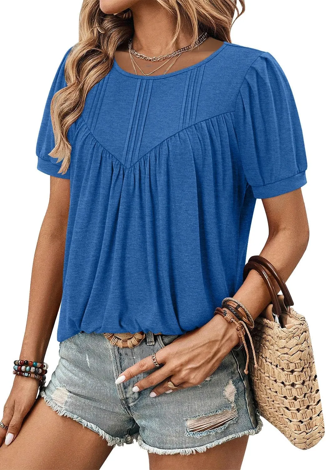 BETTE BOUTIK Womens Crewneck Short Sleeve Summer Tops Pleated Tunic Shirts S-3XL