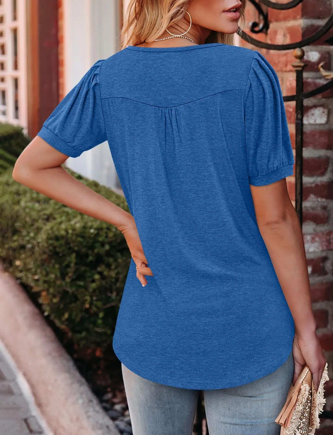 BETTE BOUTIK Womens Crewneck Short Sleeve Summer Tops Pleated Tunic Shirts S-3XL