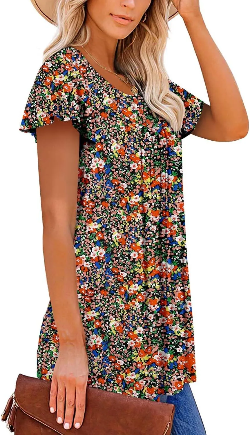 BETTE BOUTIK Women's Short Sleeve Summer Tunic Tops Flowy Flare Button Down Tunic Shirts Blouses S-3XL