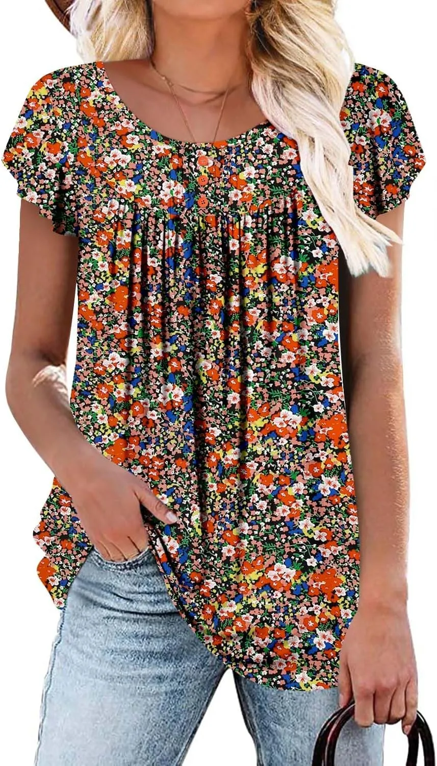 BETTE BOUTIK Women's Short Sleeve Summer Tunic Tops Flowy Flare Button Down Tunic Shirts Blouses S-3XL