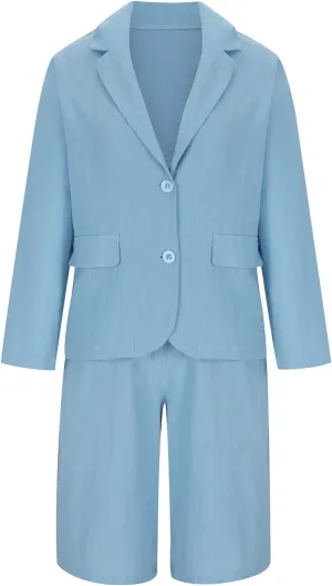 Blazer Sets for Women 2 Piece Outfits Open Front Button Up Jacket and Bermuda Shorts Suits Work Office Casual Sets