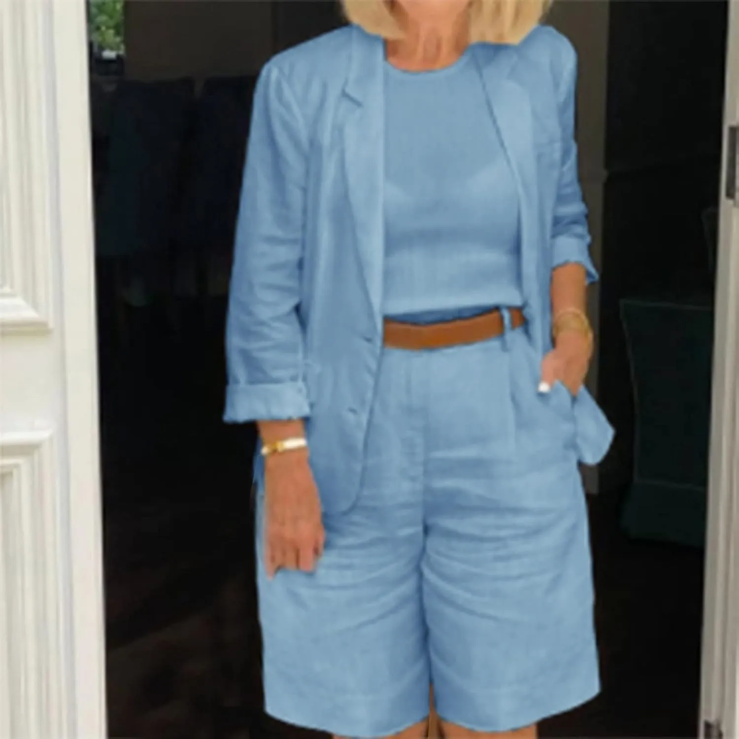 Blazer Sets for Women 2 Piece Outfits Open Front Button Up Jacket and Bermuda Shorts Suits Work Office Casual Sets