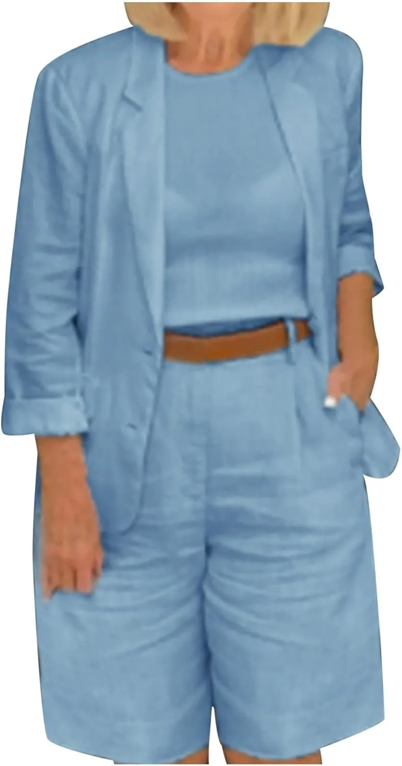 Blazer Sets for Women 2 Piece Outfits Open Front Button Up Jacket and Bermuda Shorts Suits Work Office Casual Sets