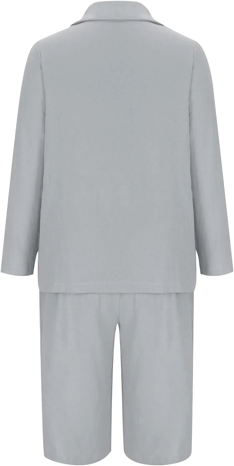 Blazer Sets Women 2 Piece Outfits Cotton Linen Business Casual Outfits Plus Size Blazer and Bermuda Shorts Set
