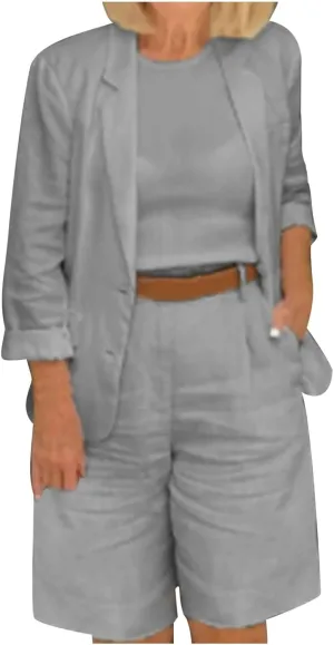 Blazer Sets Women 2 Piece Outfits Cotton Linen Business Casual Outfits Plus Size Blazer and Bermuda Shorts Set