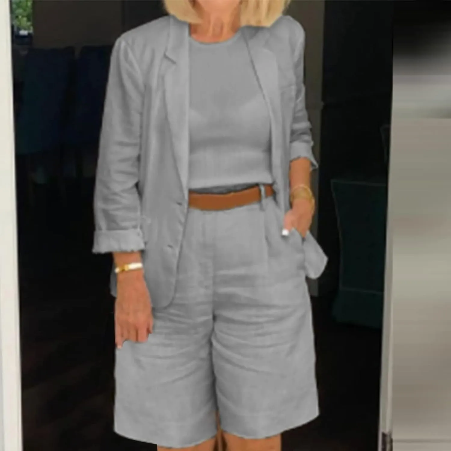 Blazer Sets Women 2 Piece Outfits Cotton Linen Business Casual Outfits Plus Size Blazer and Bermuda Shorts Set