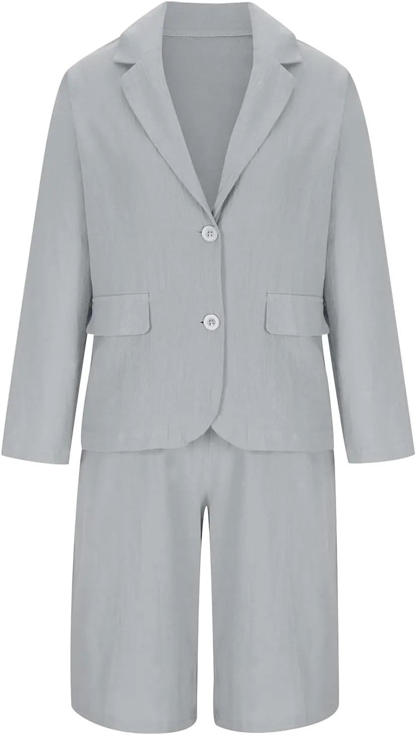 Blazer Sets Women 2 Piece Outfits Cotton Linen Business Casual Outfits Plus Size Blazer and Bermuda Shorts Set