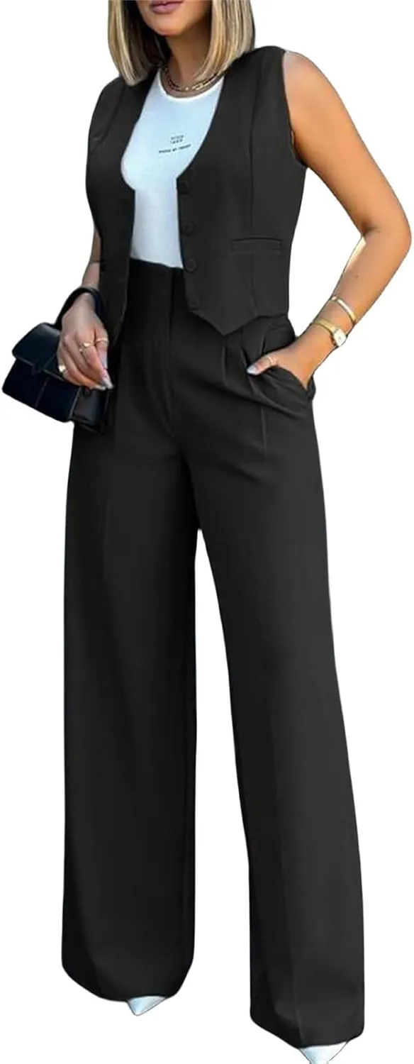 Blazer Sets Women 2 Piece Summer Sleeveless Cropped Vest Blazer Wide Leg Pants Work Office Business Casual Suit Sets