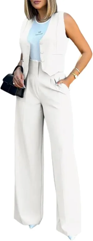 Blazer Sets Women 2 Piece Summer Sleeveless Cropped Vest Blazer Wide Leg Pants Work Office Business Casual Suit Sets