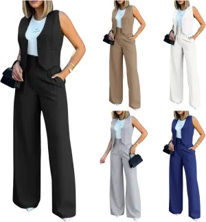 Blazer Sets Women 2 Piece Summer Sleeveless Cropped Vest Blazer Wide Leg Pants Work Office Business Casual Suit Sets