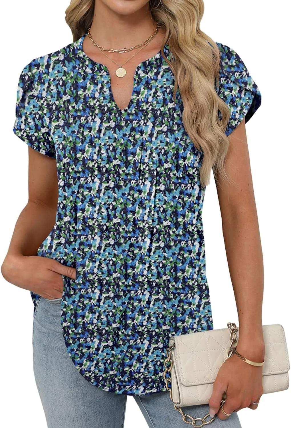 Bluetime Womens Tunic Tops Summer Dressy Casual Blouses V Neck Short Petal Sleeve T-Shirts Front Pleated Shirts for Leggings