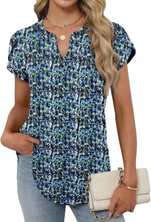 Bluetime Womens Tunic Tops Summer Dressy Casual Blouses V Neck Short Petal Sleeve T-Shirts Front Pleated Shirts for Leggings