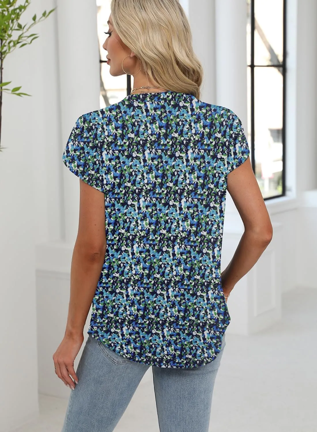 Bluetime Womens Tunic Tops Summer Dressy Casual Blouses V Neck Short Petal Sleeve T-Shirts Front Pleated Shirts for Leggings