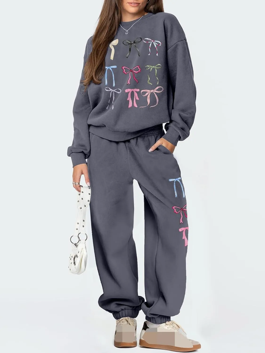 Bow Sweat Set for Women Sweatsuits 2 Piece Set Long Sleeve Oversized Hoodie Sweatpants Matching Tracksuit Preppy