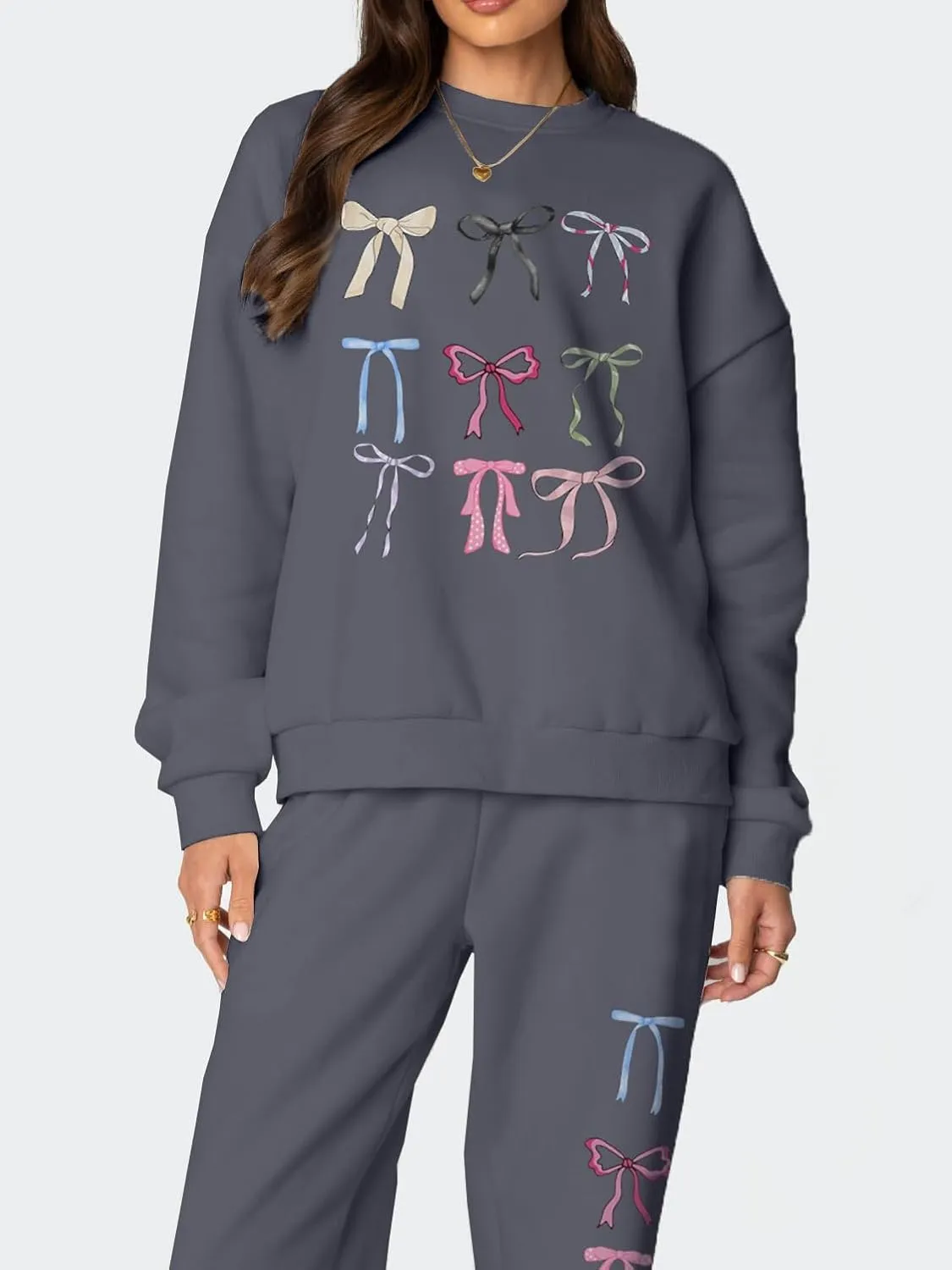 Bow Sweat Set for Women Sweatsuits 2 Piece Set Long Sleeve Oversized Hoodie Sweatpants Matching Tracksuit Preppy