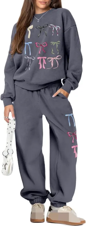 Bow Sweat Set for Women Sweatsuits 2 Piece Set Long Sleeve Oversized Hoodie Sweatpants Matching Tracksuit Preppy