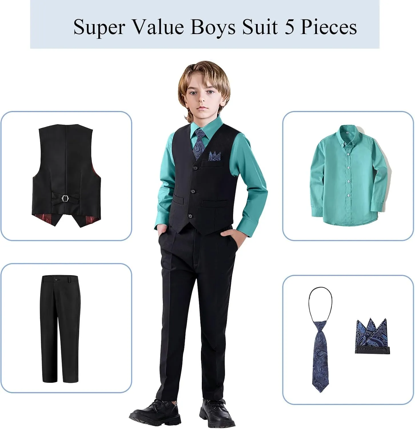 Boy's 5-Piece Suit, Boys' Formal Suit Set with Vest Pants and Tie, Boys Formal Dresswear Vest Set, Toddler Boy Vest Set