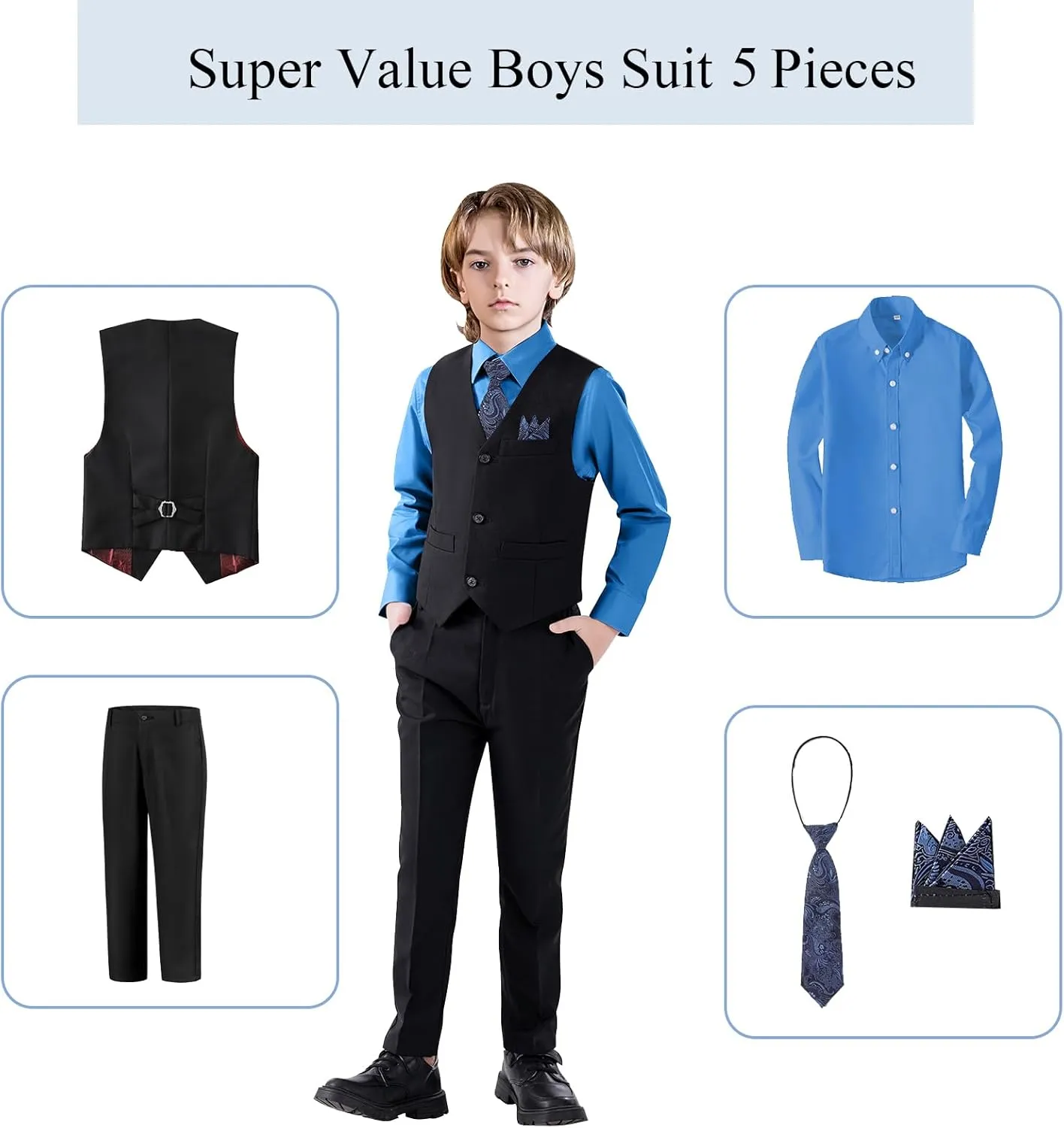 Boy's 5-Piece Suit, Boys' Formal Suit Set with Vest Pants and Tie, Boys Formal Dresswear Vest Set, Toddler Boy Vest Set