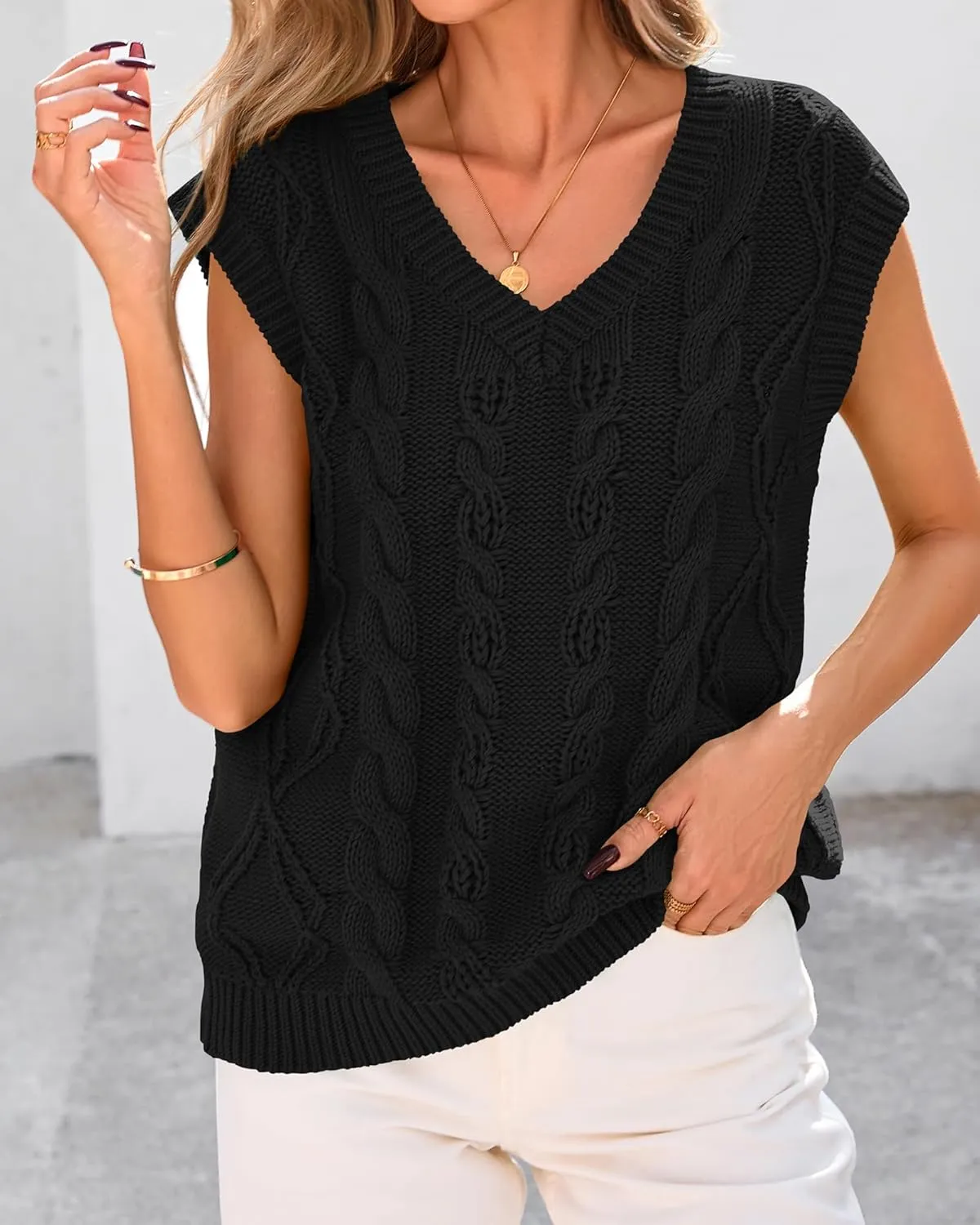 BTFBM Womens Oversized Sweater Vest 2025 Summer V Neck Casual Sleeveless Sweaters Loose Cable Knit Pullover Tops