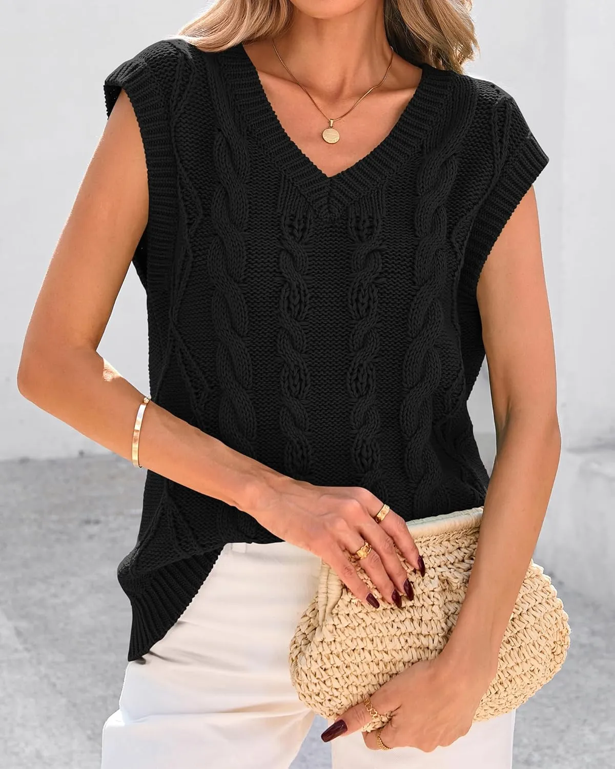 BTFBM Womens Oversized Sweater Vest 2025 Summer V Neck Casual Sleeveless Sweaters Loose Cable Knit Pullover Tops