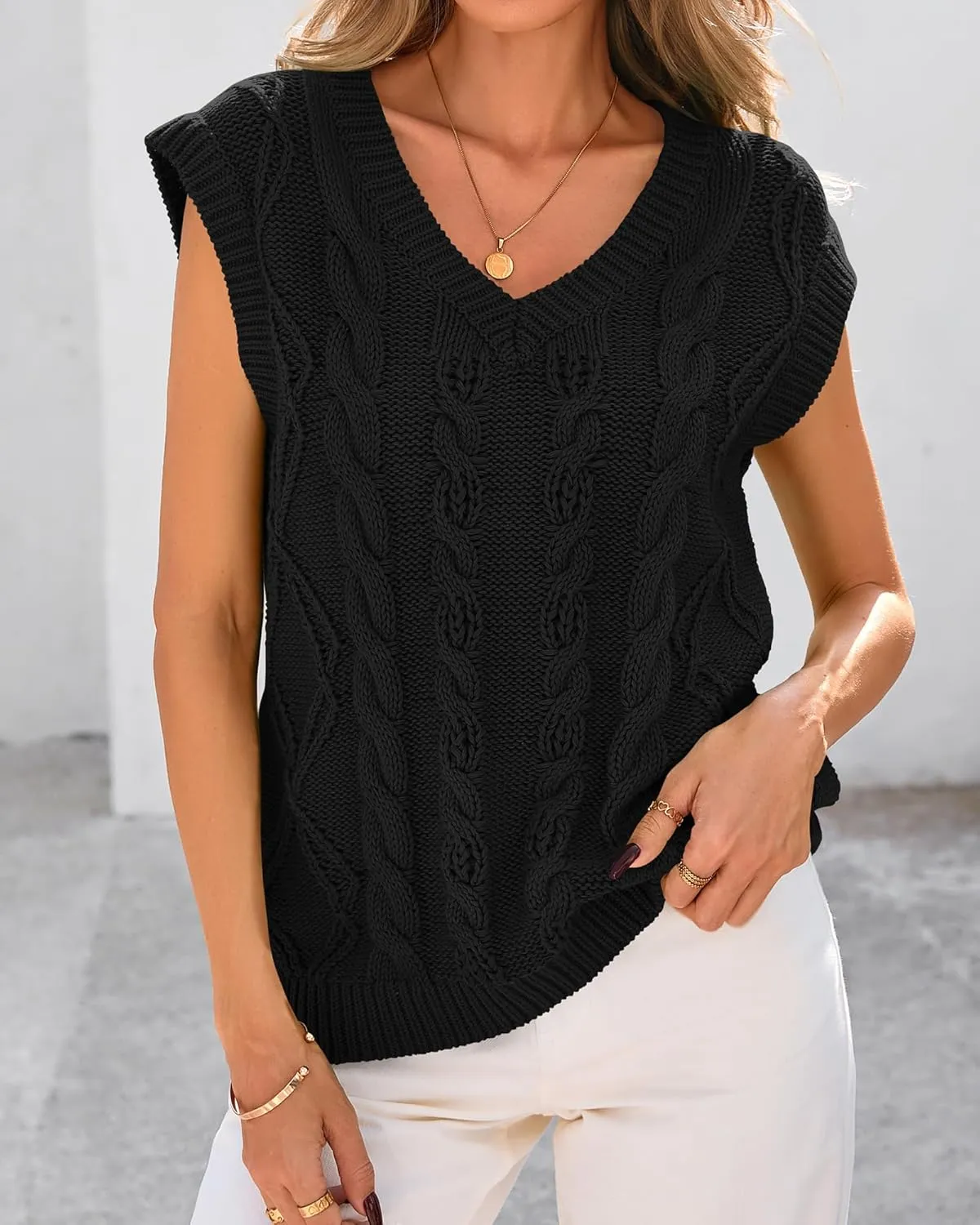 BTFBM Womens Oversized Sweater Vest 2025 Summer V Neck Casual Sleeveless Sweaters Loose Cable Knit Pullover Tops