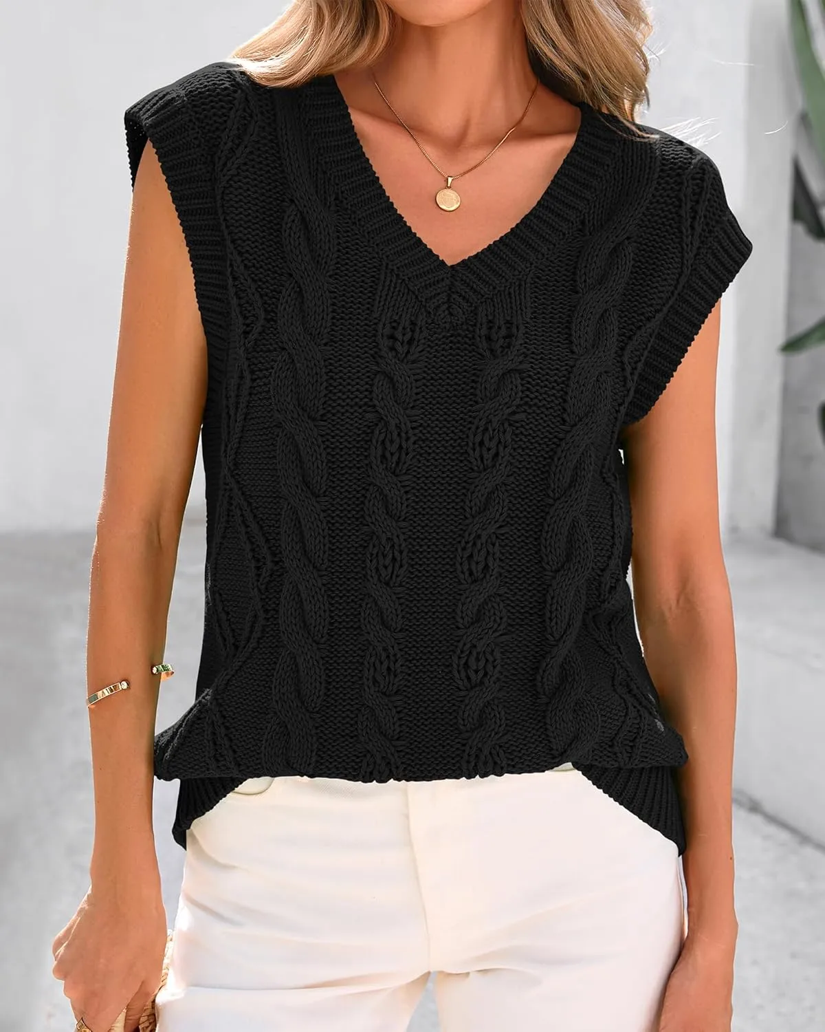 BTFBM Womens Oversized Sweater Vest 2025 Summer V Neck Casual Sleeveless Sweaters Loose Cable Knit Pullover Tops